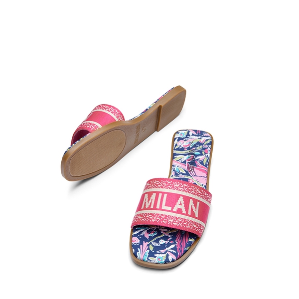 Square Toe Flat Slide Sandals - HOT PINK-KNIT - 6